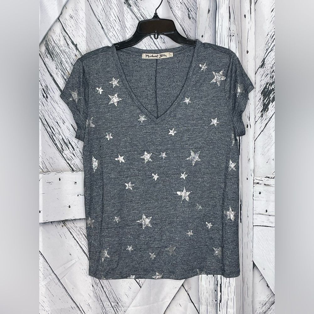 Anthropologie Michael Stars Gray Metallic Star V-Neck T-Shirt Size L